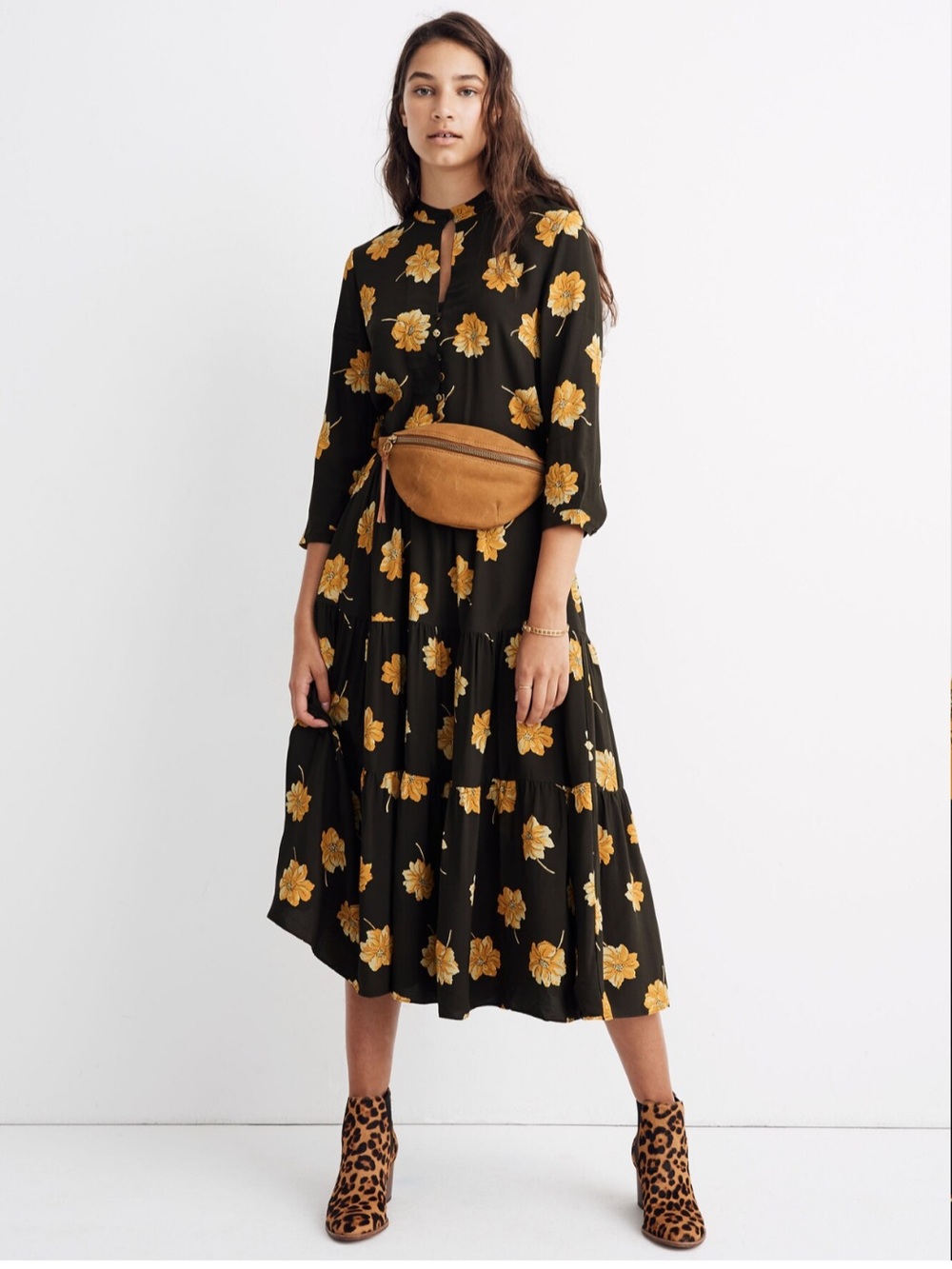 Madewell // Olive Green Button-Front Tier Dress in Fall Flowers